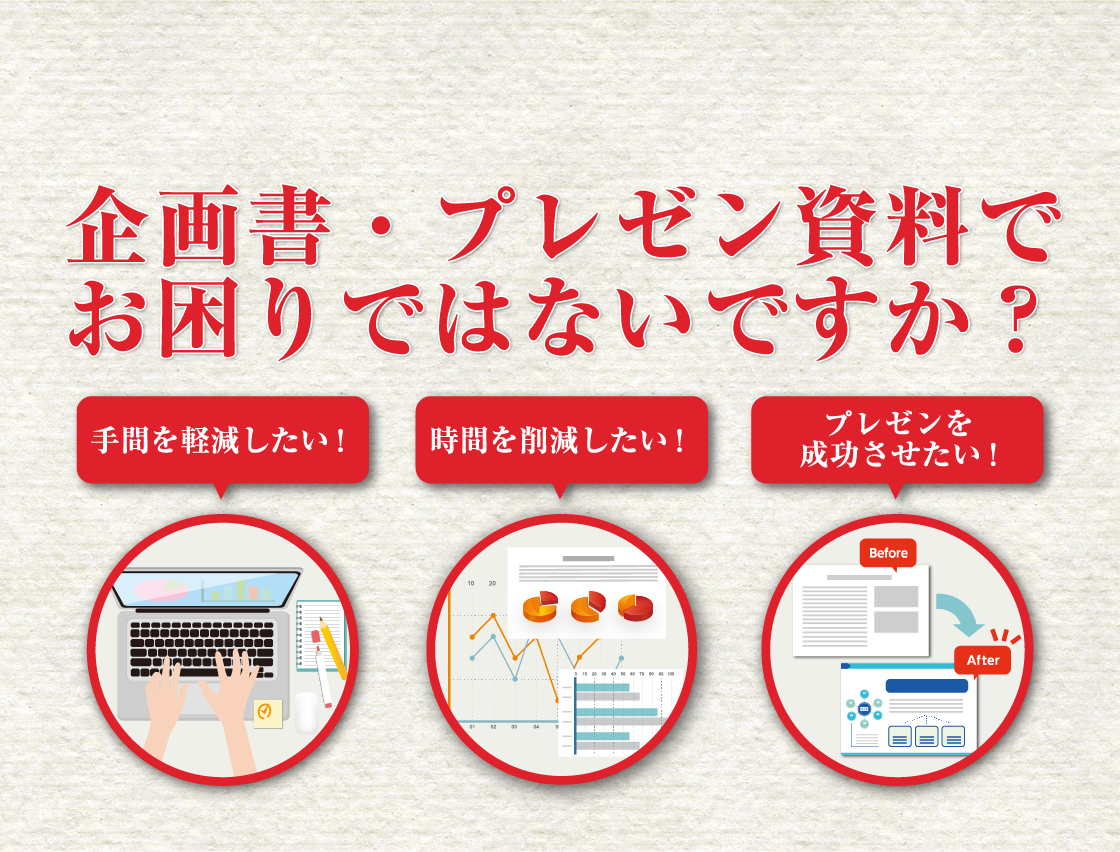 企画書・プレゼン資料作成でお困りではないですか？「手間を軽減したい！」「作業時間を削減したい」「プレゼンを成功させたい！」