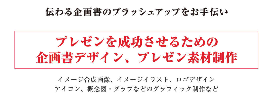 伝わす企画書のブラッシュアップをお手伝い。「プレゼンを成功させるための企画書デザイン、プレゼン素材制作」イメージ合成画像、イメージイラスト、ロゴデザイン、アイコン、概念図、グラフなどのグラフィック制作など