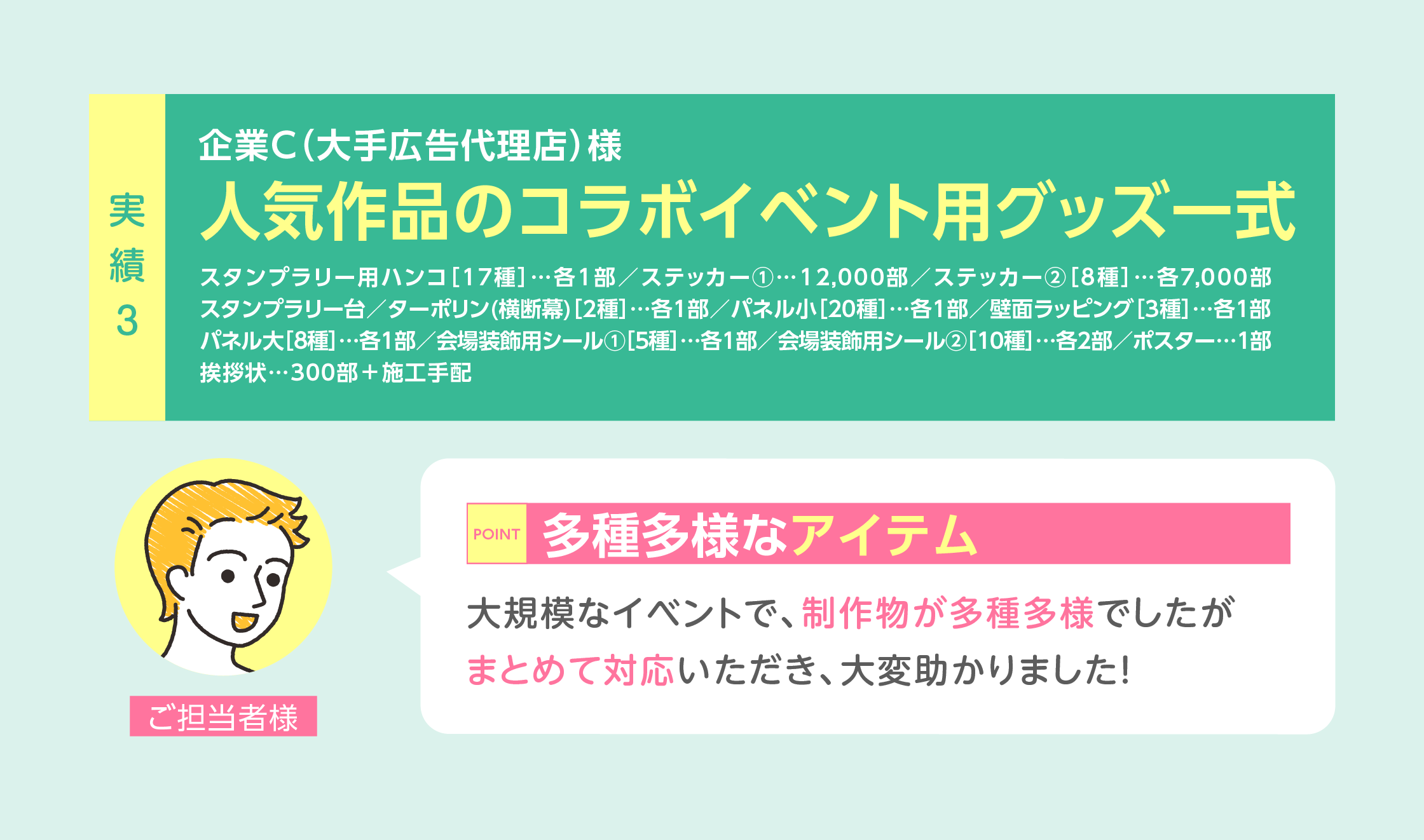 実績3：人気作品のコラボイベ用グッズ一式の多種多様なアイテム提案