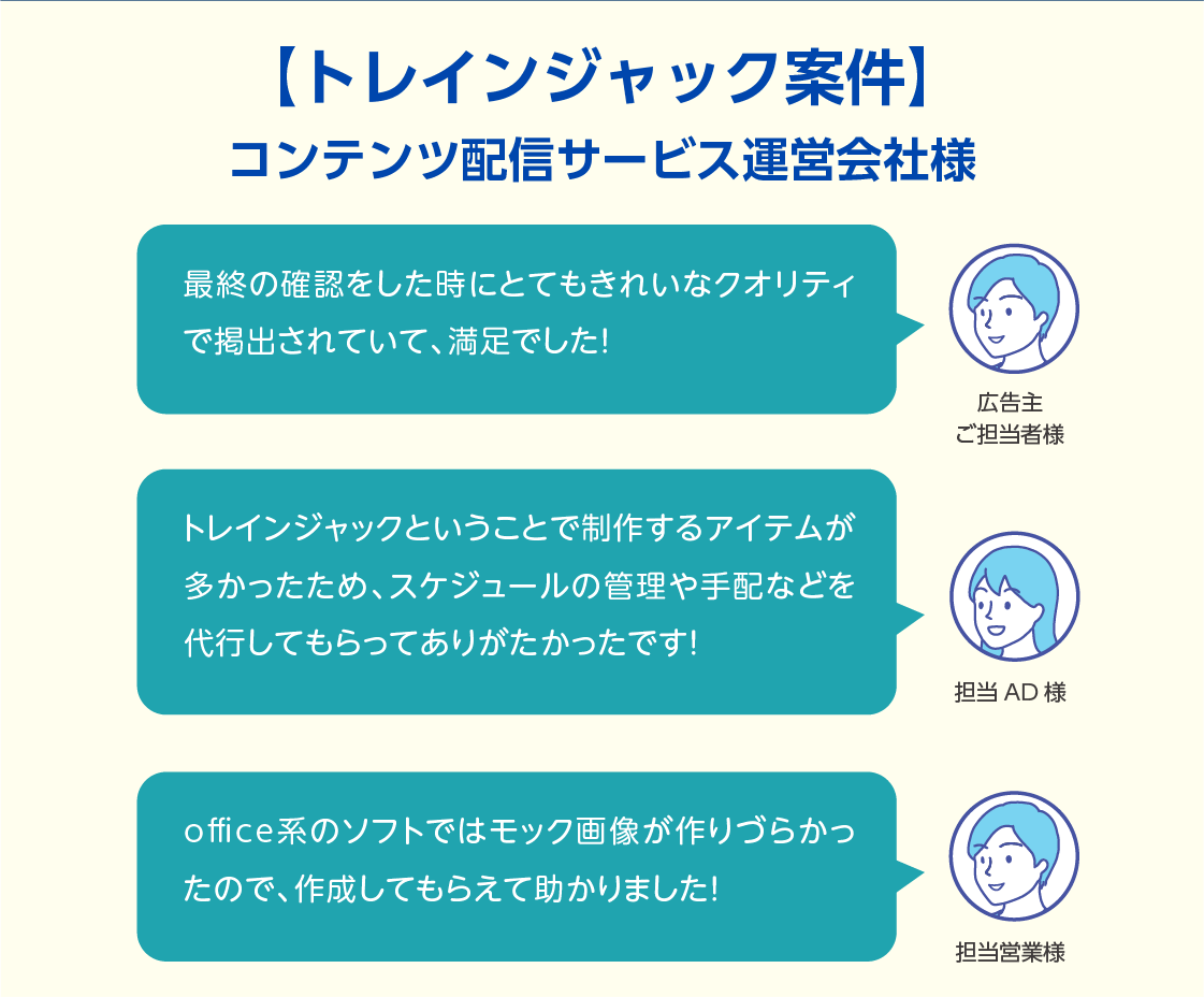 トレインジャック案件：クオリティ、スケジュール管理や手配の代行、モック作成についてご満足いただけました。