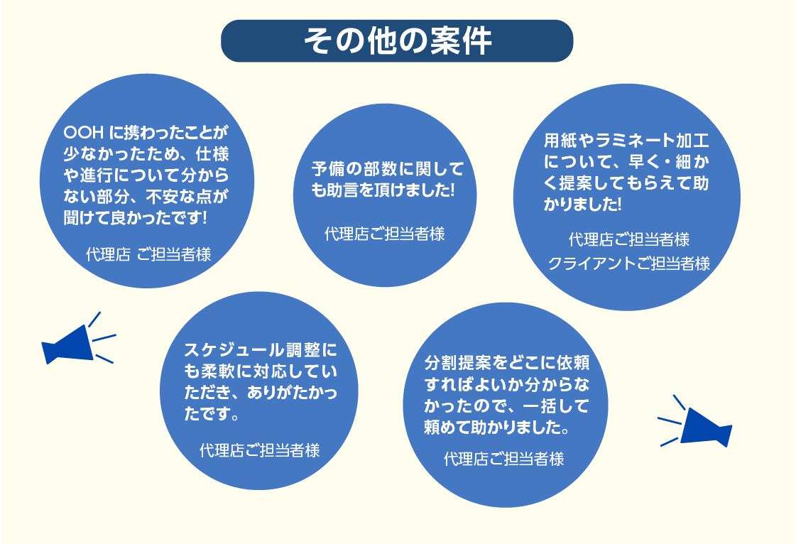 その他の案件：「OOH経験が無かったため、アドバイスいただけて助かりました」「用紙やラミネート加工の提案をいただけて助かりました。」