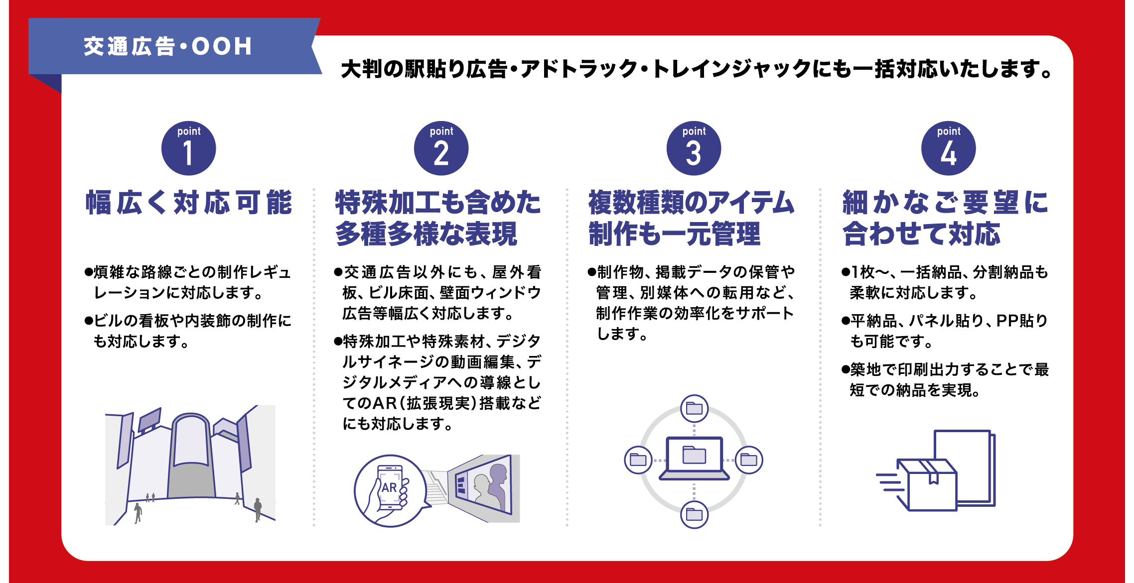 データ入稿〜色校正〜データ作成〜納品まで、社内作業のサポートもご相談ください